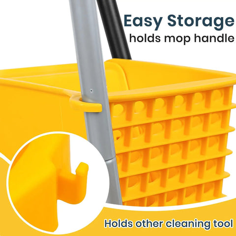 Close-up of the 35 Quart Side Press Wringer Mop Bucket Set On Wheels With Industrial Mop, showing yellow hook for mop storage.