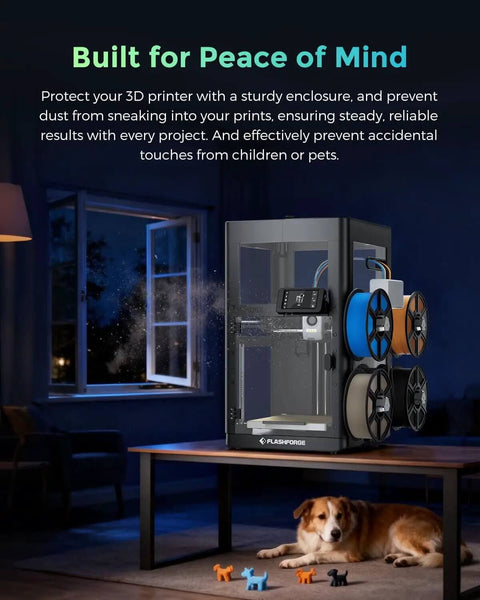 Night scene featuring AD5X 3D Printer Enclosure Kit on a table, showcasing stable prints, odor blocking, and customizable exterior.