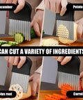 Stainless steel crinkle cutter with black handle; collage showing cucumber, potato, lotus root, and carrot slicing