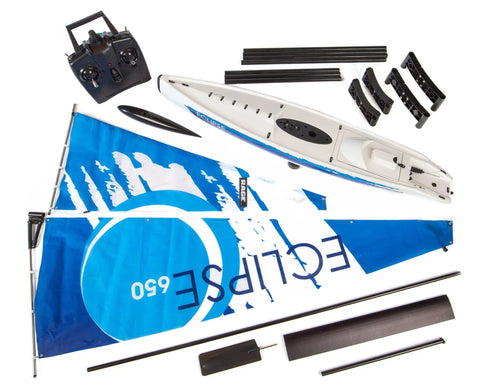 Eclipse 650 Ready to Boat RC Sailboat With Dope Blow Molded ABS Hull, sails, transmitter, and parts displayed.