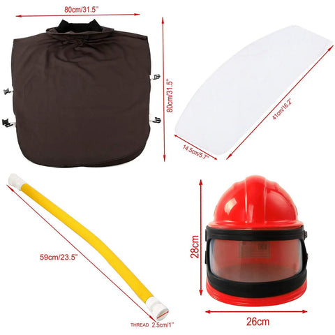 Air Supplied Sandblast Helmet With Adjustable Fit For Comfort, Anti Scratch Ultra Thin Double PVC Lens, ABS hood. Red and yellow components shown.