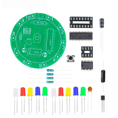 Two Pack Soldering Practice Kit With CD4017 And NE555 Chips For Lucky Wheel LED Light Projects components displayed.