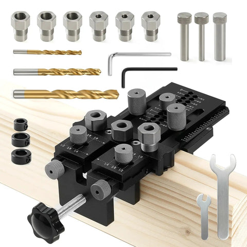 Precision Doweling Jig Kit With Adjustable Drill Guide And One Quarter Three Eighth One Half Inch Bushings on wood block