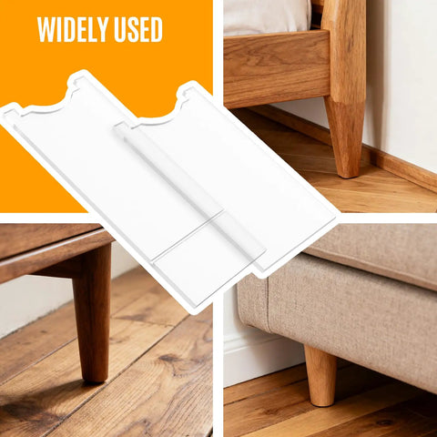 Clear Acrylic Couch Wall Spacer And Bed Blocker Stops Furniture Scrapes Keeps Heaters Cool Preserves Outlet Access Built Tough No Sweat Setup Invisible Wall Guard Anti Scratch Two Pack shown on furniture leg and wall.