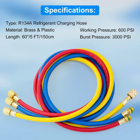 Five Foot Pro Grade AC Manifold Gauge Hose Kit For R134A Refrigerant Systems With 1/2 Inch SAE Threads And 600 PSI Rating, Three Color Charging Hoses, Flexible 60 Inch Length, Replacement For Standard AC Gauges, red blue yellow hoses with brass fittings