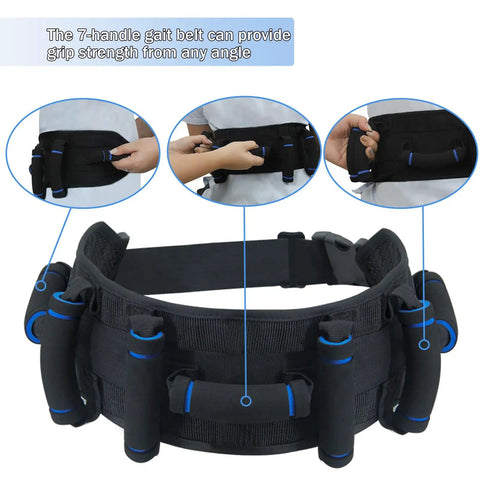 Seven Handles Gait Belt For Seniors With Quick Release No Fuss Adjustable Transfer Belt showing seven black handles