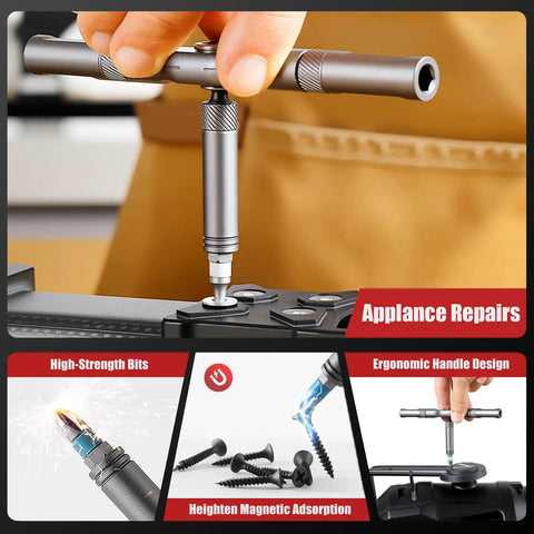 Hardcore 24 In 1 Magnetic Screwdriver Set And Portable Ratchet Kit With Swappable Multi Bits For Appliance Mods and Workshop Grinds in use for appliance repairs.