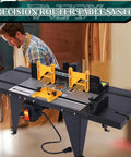 Heavy Duty Aluminum Benchtop Router Table With Expandable Work Surface And Sleek Adjustable Fence Rock Solid Woodworking Rig For No Fuss Diy Carpenter Setup Black in a workshop setting with adjustable guides.