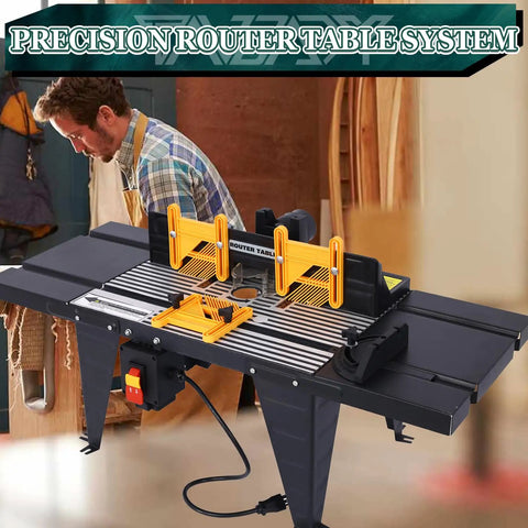 Heavy Duty Aluminum Benchtop Router Table With Expandable Work Surface And Sleek Adjustable Fence Rock Solid Woodworking Rig For No Fuss Diy Carpenter Setup Black in a workshop setting with adjustable guides.