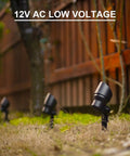 Eight Pack Low Voltage Landscape Lights With 20W Halogen Bulbs Deliver 145 Lumen Warm White Spotlighting For Yards, Pathways, And Outdoor Areas, Includes Metal Stakes And Connectors For Quick DIY Install along a wooden fence