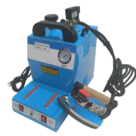 Heavy Duty Industrial Steam Iron And Boiler Setup Straight Up 110 Volt 1600 Watt Pro Ironing Rig with gauge and knobs.