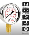 Front view of AetralYB glycerin-filled pressure gauge, 0–100 psi, 1/4" NPT lower mount, stainless steel