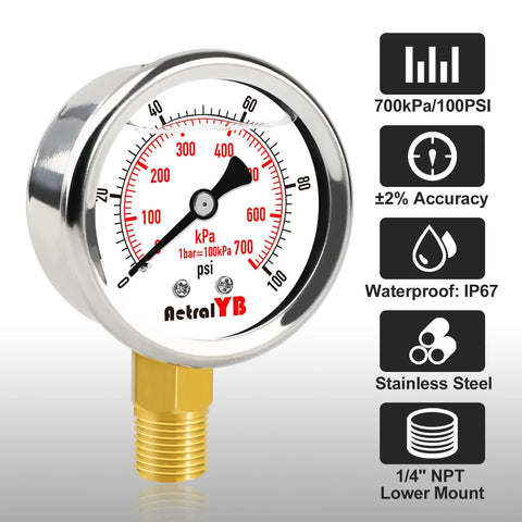 Front view of AetralYB glycerin-filled pressure gauge, 0–100 psi, 1/4" NPT lower mount, stainless steel