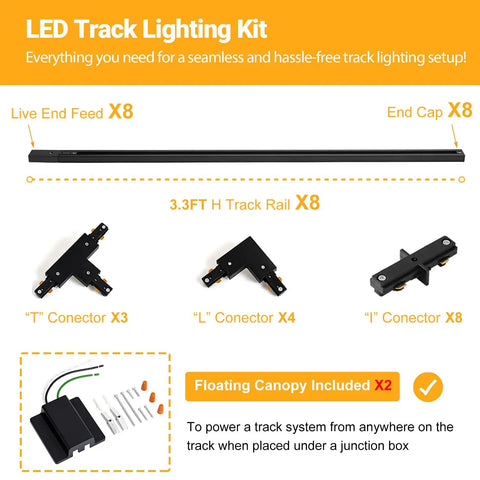 26 Foot H Type Track Lighting Kit With Floating Canopy Connector In Black Finish includes connectors, rails, and accessories displayed