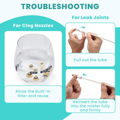 Troubleshooting guide for Standing Misting System With Fillable Base, showing clog nozzle cleaning and leak joint fixing steps.