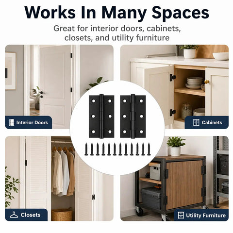 2.5 Inch Matte Black Door Hinges 6 Pack With Solid Steel Build, Square Corner, Built To Last Butt Hinge for Interiors