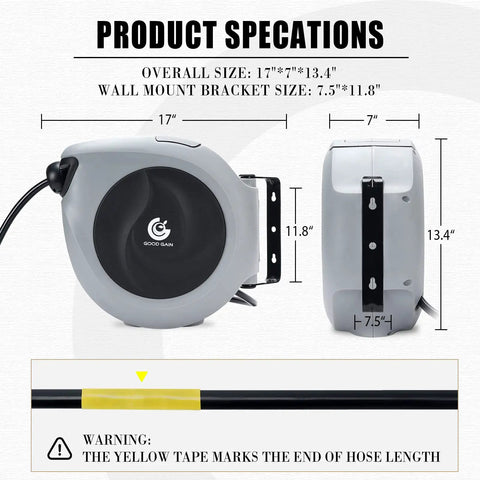 Side and front view of Retractable Air Hose Reel With Three Eighths Inch By 50 Ft Hybrid Polymer Hose Auto Rewind Enclosed Shop Ready Mount Heavy Duty 180 Degree Swivel 300 PSI Pro Grade Commercial Quality Polypropylene Gray with size specifications and warning label for hose length end.