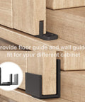 Close-up of floor and wall guides from the 5 Foot Small Sliding Barn Door Hardware Kit for Double Doors and Cabinets on wooden cabinet.