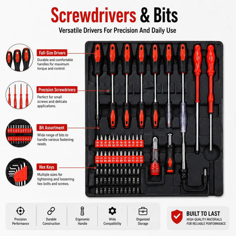 Screwdrivers and bits set from 899-Piece Home Repair Tool Set With Rolling Aluminum Tool Chest And Four-Drawer Case.