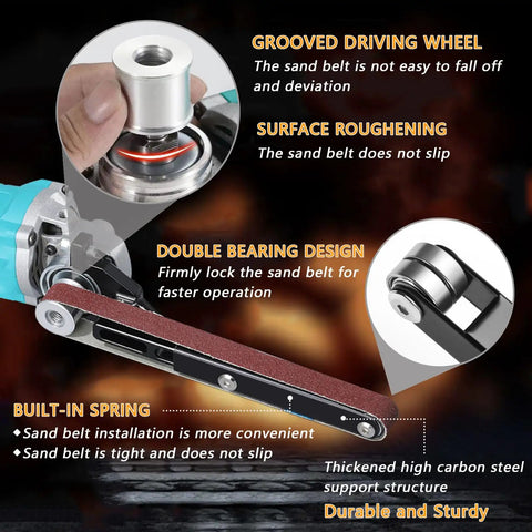 Heavy Duty Angle Grinder Belt Sander Attachment With 5/8 Inch 11 Thread Steel Aluminum Jaw Rig, grooved driving wheel detail.