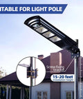 200W Solar Street Light With 6000 Lumens, Waterproof Outdoor Lamp mounted on pole, showcasing screw fixing bracket and installation height.