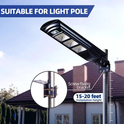 200W Solar Street Light With 6000 Lumens, Waterproof Outdoor Lamp mounted on pole, showcasing screw fixing bracket and installation height.