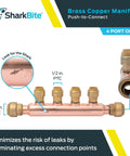 Open Four Port Push To Connect Brass Plumbing Tee Three Quarter Inch Inlet To One Half Inch Outlets For PEX Copper CPVC Systems Easily Split One Trunk To Multiple Lines With Durable Quick Connect Fittings close-up image.
