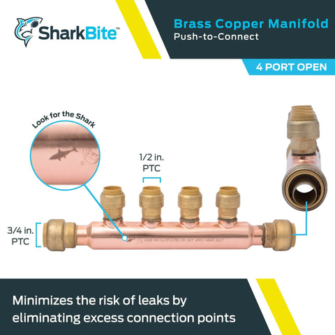 Open Four Port Push To Connect Brass Plumbing Tee Three Quarter Inch Inlet To One Half Inch Outlets For PEX Copper CPVC Systems Easily Split One Trunk To Multiple Lines With Durable Quick Connect Fittings close-up image.