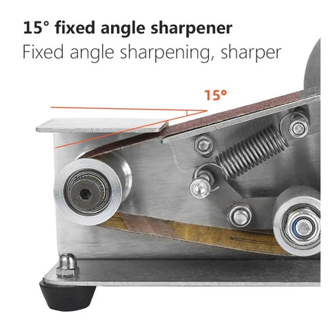 15° fixed angle sharpener detail on Mini Electric Belt Sander For Desktop Diy Polishing And Grinding Machine With Adjustable 7 Speed Control For Wood And Metal Projects Compact Multifunctional Tool To Sharpen Sand Or Polish Surfaces Easily.