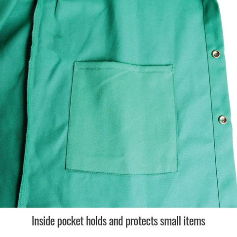 Flame Resistant 9 Oz Cotton Welding Jacket with Stand-Up Welder's Collar Leather Reinforced Snaps Scribe Pockets And Inside Pocket Green X Large Durable FR Workwear For Sparks And Spatter, close-up of green inside pocket