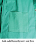 F9-30C 9 Oz Flame Resistant Welding Jacket inside pocket view with green fabric and reinforced snaps in medium size for MIG and TIG welds