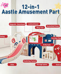 12 In 1 Outdoor Toddler Playset With Slide Swing Basketball Hoop Climbing Wall Tunnel And Hideout indoors showing features
