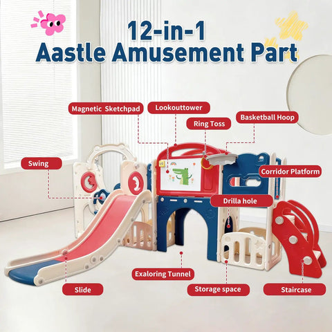 12 In 1 Outdoor Toddler Playset With Slide Swing Basketball Hoop Climbing Wall Tunnel And Hideout indoors showing features