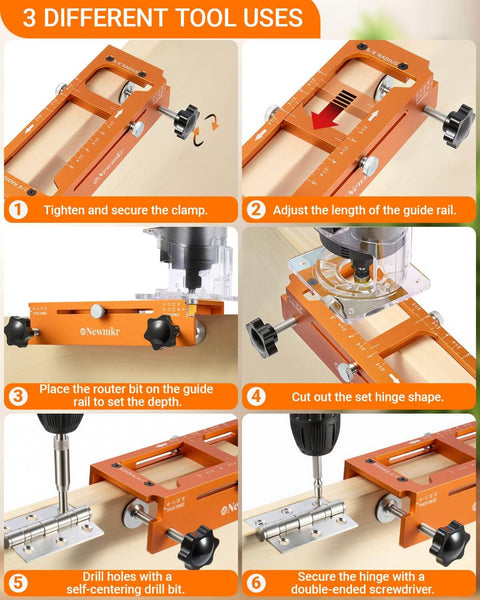 Steps displaying the use of Door Hinge Jig Router Template For Universal One Quarter Inch And Five Eighth Inch Radius Hinges.