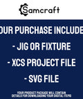 Square Patch Jig For XTool F1 Engraving package contents including jig, XCS project file, and SVG file
