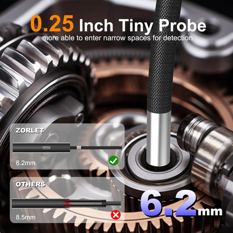 360 Degree Articulating Borescope With Five Inch Monitor And Four Way Joystick, 6.2mm Inspection Camera With Five Foot SemiRigid Snake Tube, HD Endoscope For Cars, Pipes And Gear showing 6.2mm probe for gear inspection