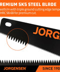 Close-up of Badass 15 Inch Hand Saw With 8 Tpi Coarse Triple Ground Teeth, showcasing sharp SK5 steel blade teeth.