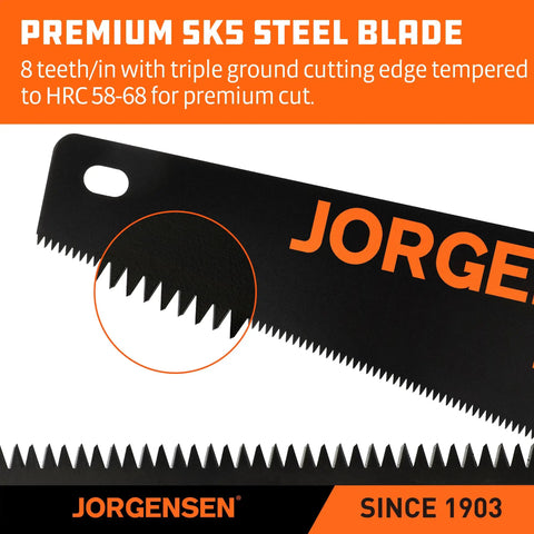 Close-up of Badass 15 Inch Hand Saw With 8 Tpi Coarse Triple Ground Teeth, showcasing sharp SK5 steel blade teeth.