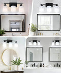 Three Light Black Matte Vanity Light Fixture With Milky White Frosted Glass Shades For Bathroom Over Mirror installed view
