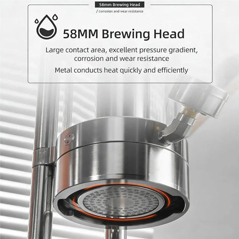 Portable Hand Pressed Espresso Maker With A Solid Wood Handle And Premium Stainless Steel Body includes 58mm brewing head for superior performance.