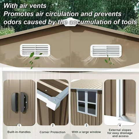 10x8 Foot Outdoor Storage Shed With Large Window Durable Metal Construction Sloped Roof Air Vents And Two Lockable Sliding Doors