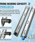 Beefy 53mm Width Heavy Duty Locking Drawer Slides With Lock 3 Fold Full Extension Side Mount Ball Bearing Rails 250 Lb Load Capacity 12 to 40 Inch Range For Cabinets Steel Furniture And DIY Projects displayed with measurements and screws on a blue background.