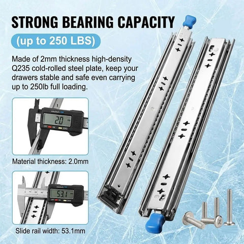 Beefy 53mm Width Heavy Duty Locking Drawer Slides With Lock 3 Fold Full Extension Side Mount Ball Bearing Rails 250 Lb Load Capacity 12 to 40 Inch Range For Cabinets Steel Furniture And DIY Projects displayed with measurements and screws on a blue background.