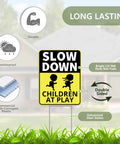 Two Pack Drive Slow Children At Play Safety Signs For Street With Stakes 13 By 17 Inches Double Sided Corrugated Plastic Yard Signs For Traffic Crossing Caution Kids Playing Durable Weather Resistant Outdoor Sign Set displayed on grass