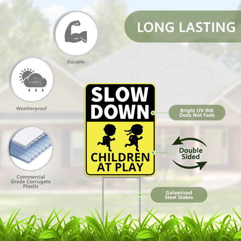 Two Pack Drive Slow Children At Play Safety Signs For Street With Stakes 13 By 17 Inches Double Sided Corrugated Plastic Yard Signs For Traffic Crossing Caution Kids Playing Durable Weather Resistant Outdoor Sign Set displayed on grass