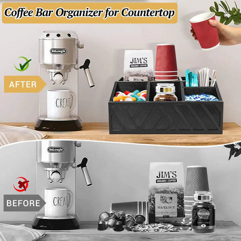 Coffee Station Organizer For Counter With Wood Pod Holder And Tea Condiment Storage Basket, Rustic Bar Decor in use