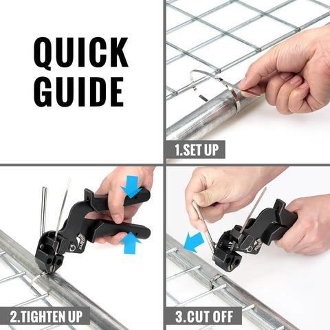 Quick guide showing steps on using Stainless Steel Cable Tie Gun Kit With 200 Metal Zip Ties In Two Sizes for fencing projects.
