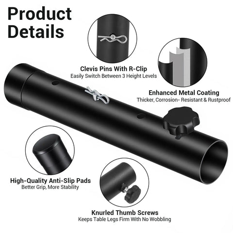 Heavy Duty 4 Pack Folding Table Leg Extenders With Three Level Adjustable Risers For Sweet Height Upgrades On Straight Legs Built From Tough Carbon Steel No Sweat Quick Install For Cozy Home Or Office Setups Black Hardware detailed view of components like clevis pins and anti-slip pads.