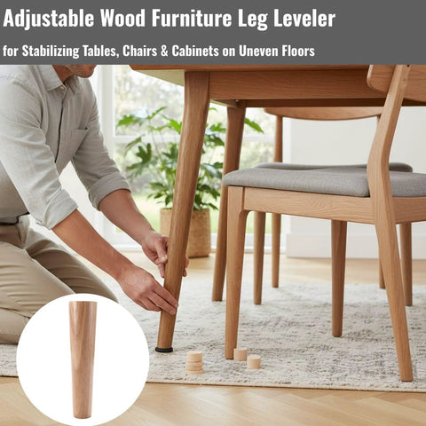 Top Shelf Solid Oak Furniture Leg Leveler With No Sweat Adjustable Height for sofas tables and cabinets shown being installed.