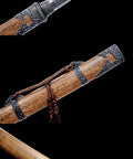 Close-up of Xiuchun Dao Chinese Sabre Hand Forged Manganese Steel With Teak Wood Scabbard And Textured Alloy Fittings 42.9 Inches